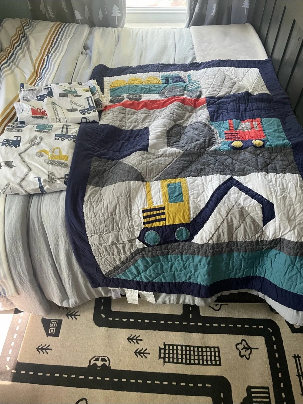 Pottery Barn Kids Jax Construction Toddler Quilt and sheets